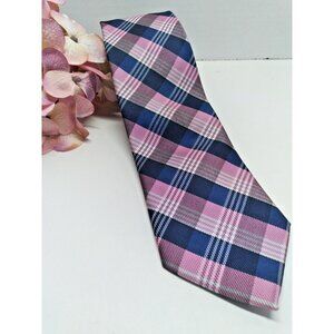 U.S. Polo Assn Hand Made Long Narrow Men's Neck Tie Pink Blue Plaid 3"w x 61"L